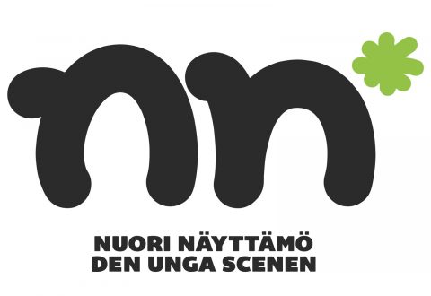 Mustat pienet kirjaimet nn leikkisällä, lihavoidulla fontilla ja vihreä tähti oikean kirjaimen yläpuolella. Alla teksti lukee isoilla kirjaimilla NUORI NÄYTTÄMÖ DEN UNGA SCENEN.