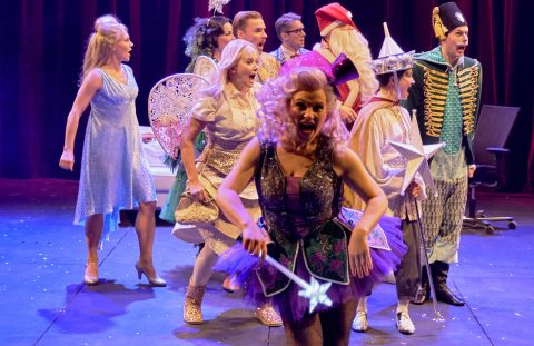 Lavalla laulaa ja tanssii joukko esiintyjiä värikkäissä, omituisissa puvuissa, ja yksi nainen violetissa keijupuvussa pitää etualalla kädessään säihkyvää taikasauvaa. Taustalla on erilaisia fantasia-aiheisia hahmoja.