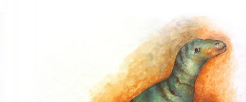 Akvarellimaalaus vihreästä, liskon kaltaisesta esihistoriallisesta eläimestä oranssilla ja ruskealla taustalla; eläin on oikealle päin ja sijaitsee kuvan oikeassa alakulmassa.