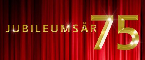 Kultainen teksti Jubileumsår 75 näkyy punaisella verhotaustalla, ja numeroita korostavat kimaltelevat valoefektit.