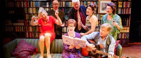 Seitsemän aikuista laulaa innokkaasti yhdessä viihtyisässä kirjahyllyillä täytetyssä huoneessa. Yksi henkilö soittaa kitaraa, toiset pitelevät juomia, ja nainen lukee sanoituksia kirjasta sohvalla, mikä luo vilkkaan ja iloisen ilmapiirin.