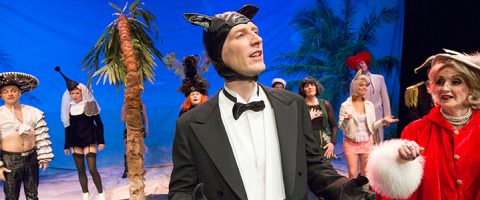 Lavalla esiintyy joukko värikkäisiin, omituisiin pukuihin pukeutuneita ihmisiä; edessä seisoo smokkiin ja kissankorviin pukeutunut mies, ja hänen takanaan seisoo muita nunniksi, merirosvoiksi ja juhla-asuihin pukeutuneita ihmisiä, taustalla palmuja.