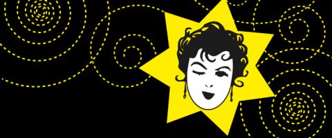 Tyylitelty kuvitus naisen kasvoista, joilla on lyhyet tummat hiukset ja korvakorut, silmänisku ja hymy, kirkkaan keltaisen tähden sisällä, jossa on keltaisia spiraalikuvioita mustalla pohjalla.