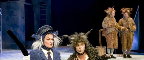 Lavalla esiintyy kaksi eläinasuihin pukeutunutta näyttelijää, joista toinen on pukeutunut poliisiksi, jolla on pörröiset korvat ja häntä, ja toinen rähjäiseksi koiraksi. Taustalla kaksi muuta näyttelijää on pukeutunut samanlaisiin raidallisiin kissa-asuihin.