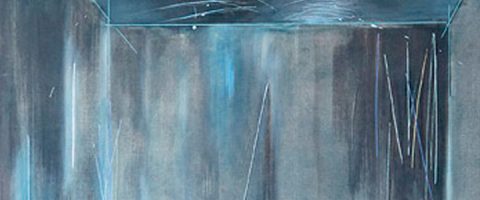 Maalaus läpinäkyvästä, tyhjästä lasi- tai akryylilaatikosta tummaa, abstraktia taustaa vasten, jossa on pystysuoria ja diagonaalisia vaaleansinisiä ja valkoisia raitoja.