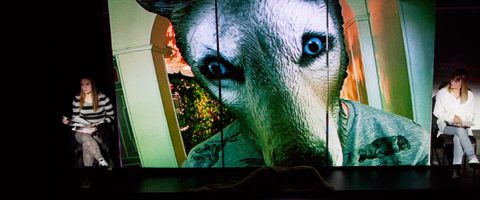 Kaksi ihmistä istuu näyttämön vastakkaisilla puolilla hämärässä valaistuksessa, ja taustana on suuri projektio, jossa on koiran kasvot ja siniset silmät, jotka näkyvät kirkkaina heidän välissään.