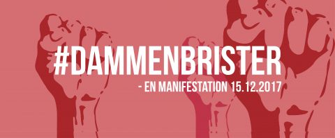 Kuvitus kohotetuista nyrkeistä punaisen sävyisin värein, keskellä lihavoitu valkoinen teksti #DAMMENBRISTER - EN MANIFESTATION 15.12.2017, joka symboloi protestia tai solidaarisuutta.