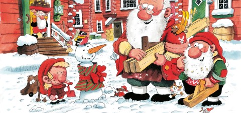Iloinen talvikuvitus, jossa piirrettyjä tonttuja ja joulupukin näköisiä hahmoja rakentelee lumessa punaisen talon ulkopuolella. Lumiukko, koira ja eläimet katselevat, kun hahmot kantavat puuta ja työkaluja lumen ja juhlallisten koristeiden ympäröimänä.
