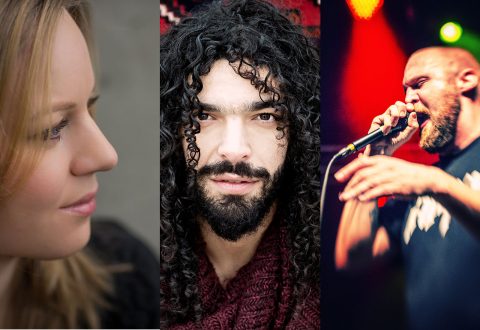 Kollaasi kolmesta ihmisestä: vaalea nainen profiilissa vasemmalla, kiharatukkainen ja parrakas mies keskellä kasvot menosuuntaan päin ja parrakas mies laulaa mikrofoniin värikkäiden valojen alla oikealla.