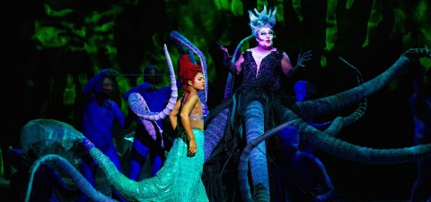 Lavalla esiintyy kaksi esiintyjää taidokkaissa puvuissa. Toinen on pukeutunut Ursulaksi, jolla on suuret lonkerot ja dramaattinen meikki, ja vastassa on toinen merenneitoasuinen esiintyjä, jota ympäröivät sinipukuiset tanssijat tummalla valtamertaustalla.