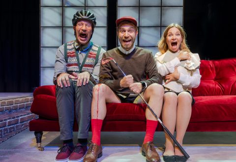 Kolme ihmistä istuu punaisella sohvalla yllättyneen näköisinä. Keskellä olevalla miehellä, jolla on golfmaila kädessään, on verinen polvi. Vasemmalla olevalla miehellä on pyöräilykypärä, ja oikealla olevalla naisella on kädessään paperit ja hän puristaa rintaansa.