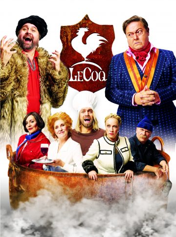 Helsingin Kaupunginteatteri – Le Coq - taistelu ravintolasta – Kuvassa edessä Riitta Havukainen, Eija Vilpas, Jarkko Niemi, Kaisa Hela, Pertti Koivula, takana Heikki Hela ja Jouko Klemettilä – Kuvat Jaakko Vuorenmaa, kuvankäsittely Oona Kavasto