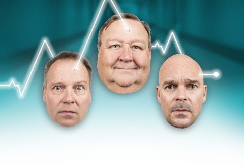 Kolmen miehen kasvot, joilla on vakavat ilmeet, näkyvät vaaleanvihreällä taustalla, ja valkoiset elektrokardiogrammiviivat kulkevat heidän päänsä läpi ja sen ympärillä.