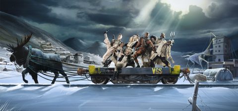 Ryhmä talvivaatteisiin pukeutuneita ihmisiä kulkee suuren hirven vetämällä VGS-vaunulla lumisessa maisemassa, jonka taustalla on vuoria, rakennuksia ja dramaattisia pilviä.