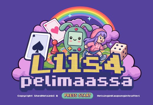 Sarjakuvatyttö ja pupumainen pelikonsoli juoksevat korttien, noppien ja pelinappuloiden ohi sateenkaaripilvellä. Tekstissä lukee ”Liisa pelimaassa”, ja sen alla on ”Press Start” -painike.