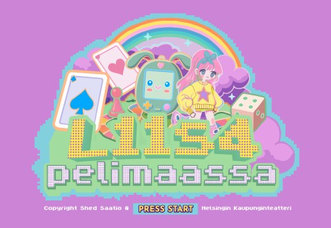 Värikäs kuvitus, jossa on kortteja, noppia, sateenkaari, hymyilevä laite ja pilvien ympäröimä tyttö. Tekstissä lukee ”LISÄ pelimaassa” ja ”PRESS START” videopelityylisesti violetilla taustalla.