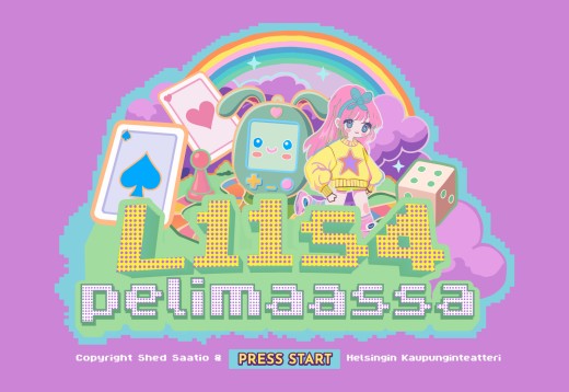 Värikäs kuvitus, jossa on kortteja, noppia, sateenkaari, hymyilevä laite ja pilvien ympäröimä tyttö. Tekstissä lukee ”LISÄ pelimaassa” ja ”PRESS START” videopelityylisesti violetilla taustalla.
